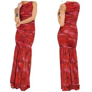Elliatt Elise Ruched Mesh Maxi Dress Red Rose Print XS NWT